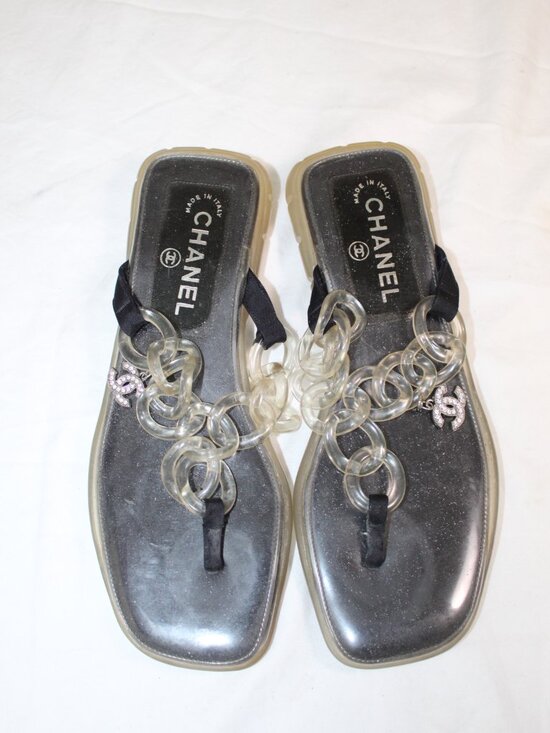 CHANEL Shoes - Chanel Jelly Chain Clear CC Studded Charm Thong Sandals 37.5 US 7.5 9.25 Insole